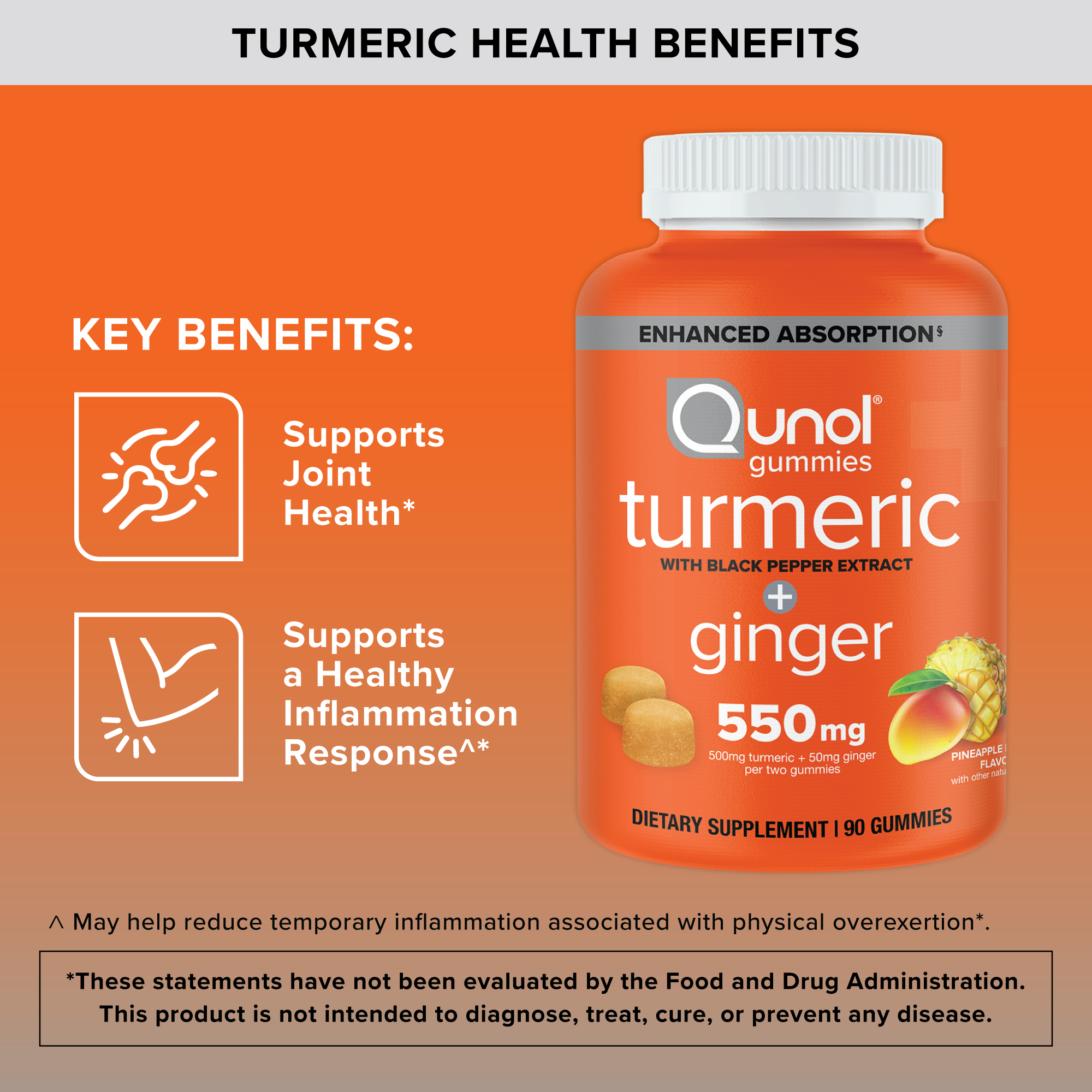 Turmeric + Ginger + Black Pepper Gummies, 550 mg, Pineapple Flavor