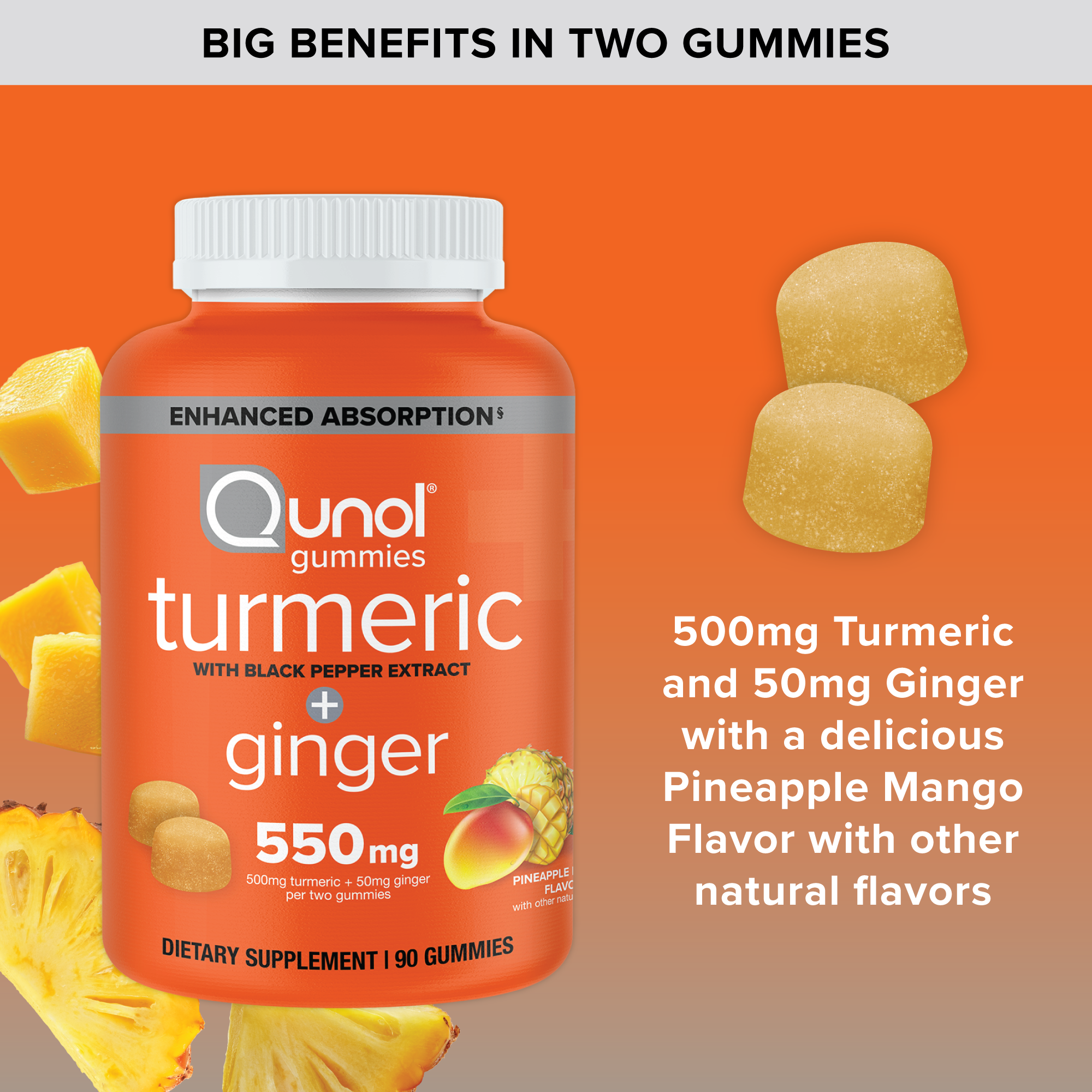 Turmeric + Ginger + Black Pepper Gummies, 550 mg, Pineapple Flavor