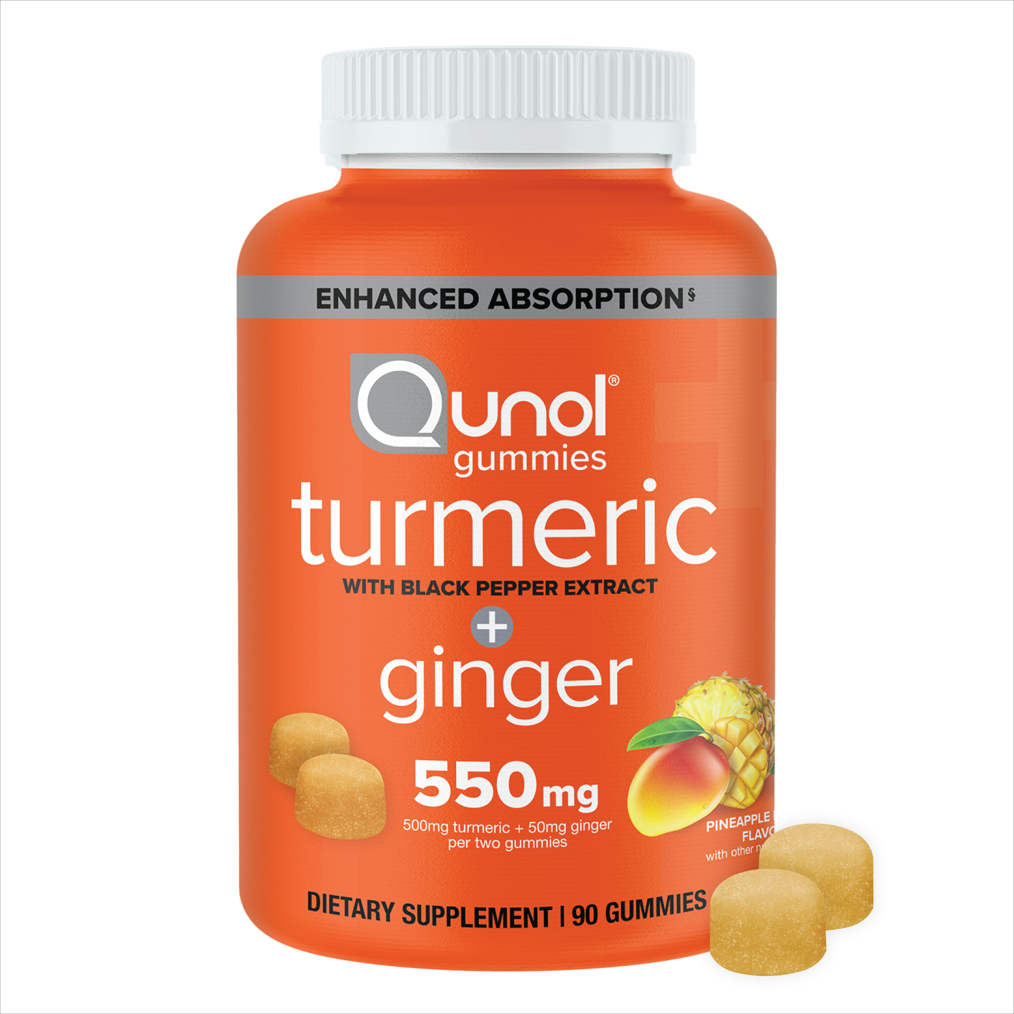 Turmeric + Ginger + Black Pepper Gummies, 550 mg, Pineapple Flavor